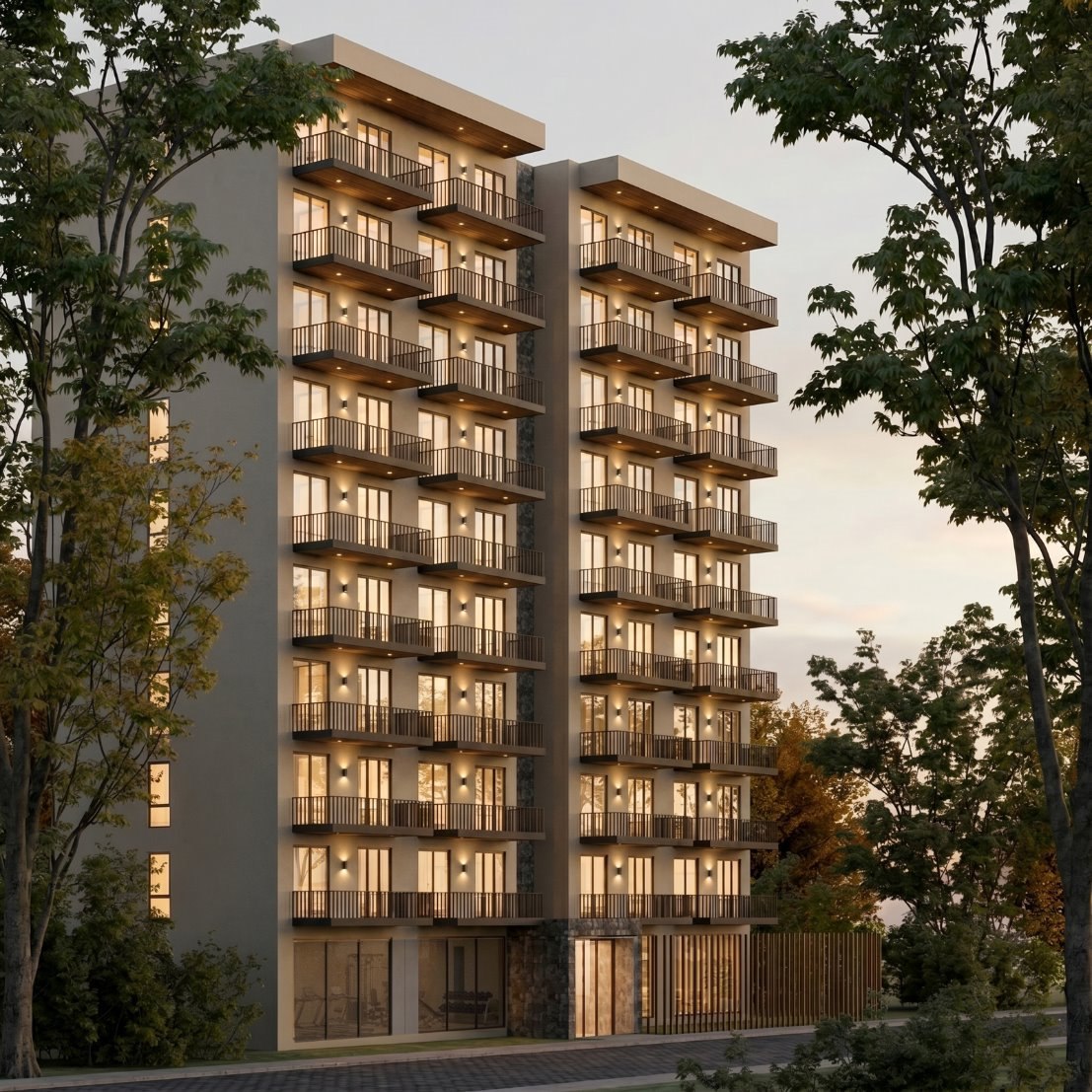 HALO essential worker housing exterior at dusk