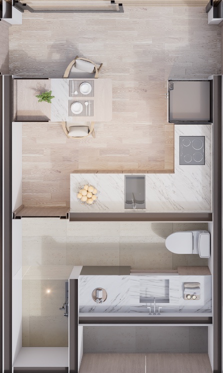 Service module — kitchen, bath and laundry floor plan