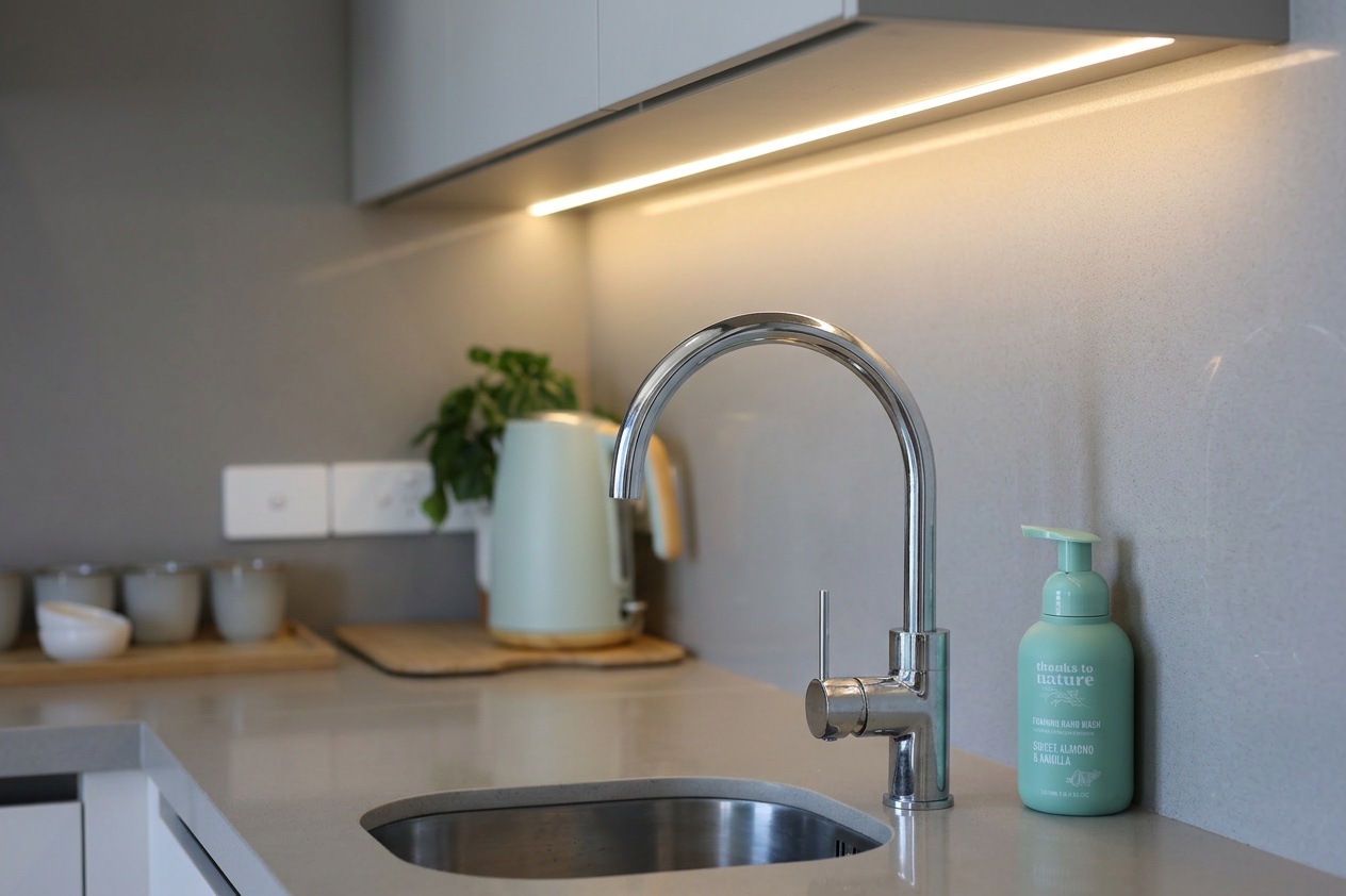 Quartz benchtop with integrated sink and tap